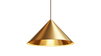 Title: Golden Conical Pendant Light Fixture with Text on White Background