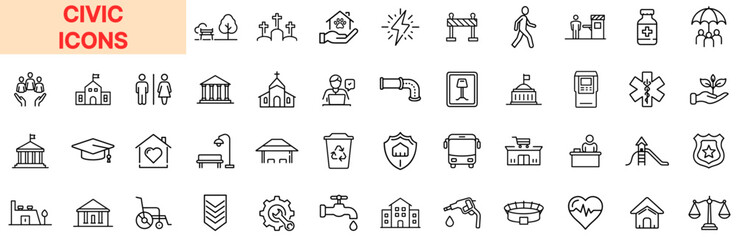 Civic Icons and Community Services Line Icon Design Featuring Government Buildings, Public Infrastructure, Parks, Utilities, Education, Healthcare, Transport, Social Support, Safety Measures, and Loca