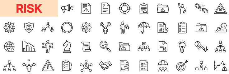 Risk Management and Business Safety Line Icon Design Featuring Warning Signs, Precaution Symbols, Security Measures, Insurance Umbrellas, Hazard Reports, Strategy Charts, Protection Plans, and Danger 
