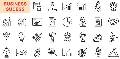 Business Success and Corporate Achievement Line Icon Design Featuring Growth Charts, Rocket Launches, Pie Graphs, Medals, Handshake Deals, Light Bulbs, Trophies, Target Arrows, Financial Symbols, Stra