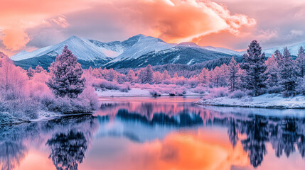 Fantasy vibrant Infrared Landscape with Snowy Mountains, Colorful Autumn Trees, and Reflective Lake

