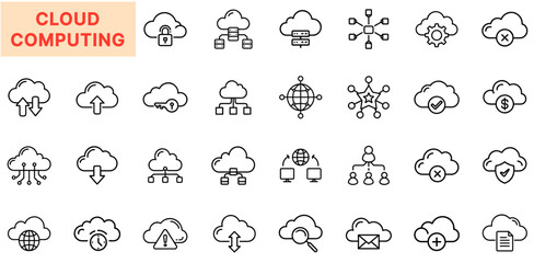Cloud Computing and Data Storage Line Icon Design Featuring Upload and Download Arrows, Network Connections, Cloud Servers, Security Locks, User Sync, Warning Alerts, Email Icons, Access Permissions