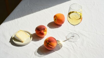 Fresh peaches arranged on a white tablecloth beside a glass of white wine and a plate of creamy cheese, creating a vibrant and inviting summer dining scene