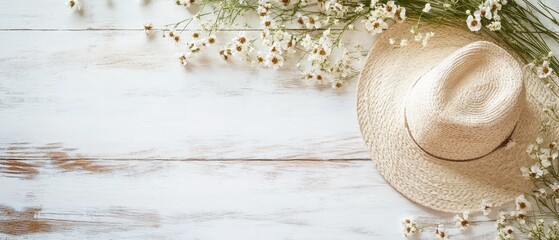 Straw hat and wildflowers on rustic wood table