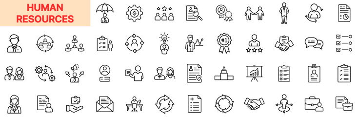 Human Resources and Employee Management Line Icon Design Featuring Job Applications, Candidate Profiles, Resume Files, Team Collaboration, Interview Sessions, Employee Awards, Recruitment Charts