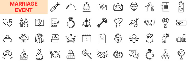 Marriage Event and Wedding Celebration Line Icon Design Featuring Engagement Rings, Wedding Cakes, Church Ceremonies, Champagne Bottles, Love Letters, Balloons, Gifts, Wedding Dresses