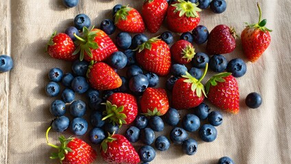 Fototapeta premium Fresh strawberries and blueberries arranged on a textured linen surface, showcasing vibrant colors and natural beauty, perfect for healthy eating and culinary inspiration