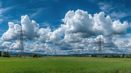 Power lines stretching across lush green fields under blue sky with dramatic clouds nature landscape photography