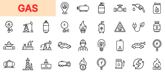 Gas Industry and Energy Distribution Line Icon Design Featuring Gas Valves, Fuel Pumps, Storage Tanks, Flame Warnings, Refinery Units, Pressure Gauges, Delivery Trucks, Drilling Rigs, Safety Labels, a