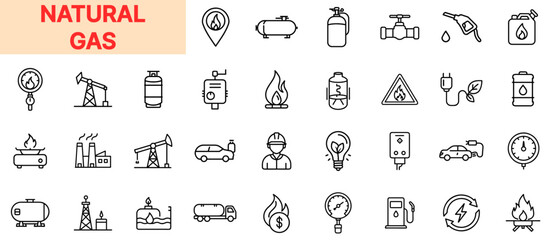 Natural Gas and Energy Production Line Icon Design Featuring Gas Pumps, Fuel Droplets, Storage Tanks, Pipelines, Flame Symbols, Refinery Towers, Safety Gauges, Utility Trucks, Valves, and Energy Meter
