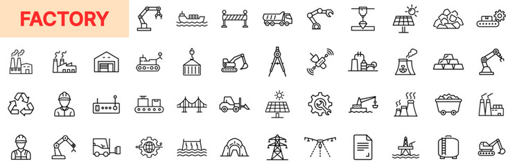 Factory and Industrial Manufacturing Line Icon Design Featuring Robotic Arms, Assembly Lines, Warehouses, Cargo Trucks, Gears, Cranes, Construction Sites, Pipelines, Power Grids, and Engineering Tools