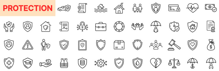Protection Icons Featuring Security Shields, Insurance Coverage, Legal Safety, Family Welfare, Emergency Plans, and Risk Prevention in Outline Line Icon Design
