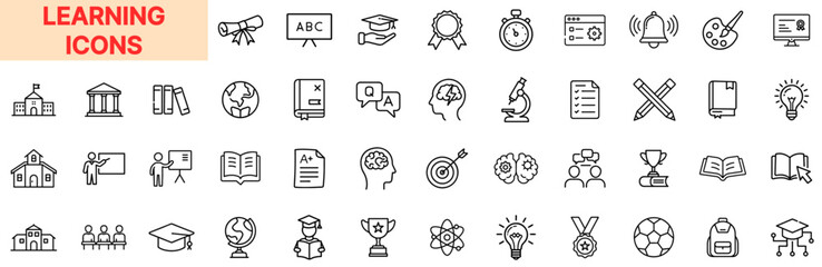 Learning and Education Icons Featuring Books, Online Courses, Brain Training, Academic Tools, and Knowledge Development in Outline Line Icon Design
