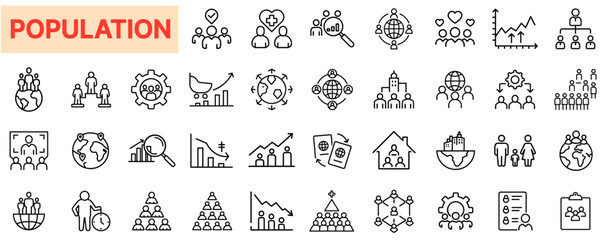 Global Population Growth and Demographic Trend Analysis with Pyramids, Migration, Density, and Social Structure Outline Line Icon Design