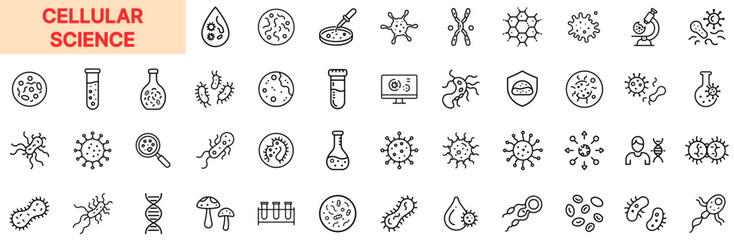 Cellular Science and Microorganism Line Icon Design Featuring Cells, Bacteria, Viruses, DNA Strands, Petri Dishes, Microscopic Views, Lab Tubes, Microbes, Germs, and Biotechnology Research Elements