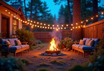 Relaxed Backyard with campfire during firelight