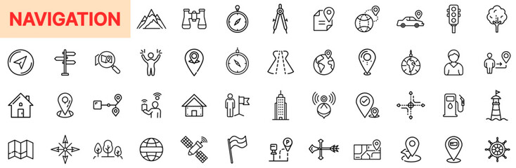 Navigation and GPS Direction Line Icon Design Featuring Map Pins, Compasses, Route Guides, Tracking Tools, Wayfinding Symbols, Landmarks, Position Indicators, Geographic Paths, and Location Services