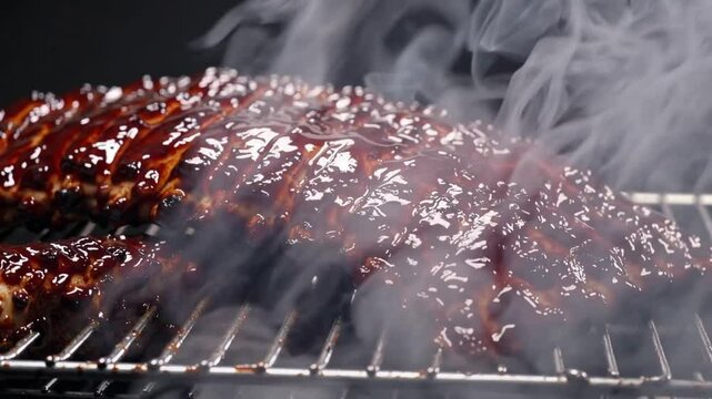 Close-up of glazed BBQ ribs on grill, dripping with thick cherry sauce. Juicy meat with caramelized crust and rising smoke. Perfect for food brands, restaurants and summer campaigns. 4K ultra HD appet