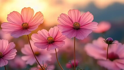 Gentle pink cosmos flowers blooming gracefully at sunset in a serene landscape