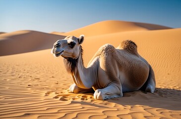 serene camel resting amid exotic desert dunes under clear blue skies