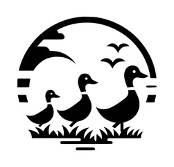 Obraz premium Duck Family Walking Grass Silhouette Vector Icon Logo