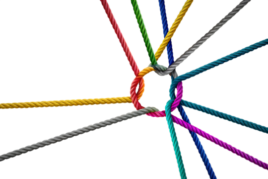 Colorful ropes intertwined knot teamwork isolated on a white background