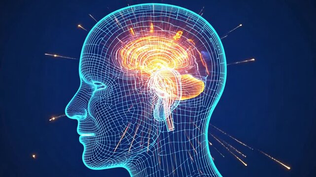 Activity in the brain. Conceptual image of a human head with a brightly illuminated brain and a neural data network, symbolizing AI, consciousness, or mental energy.