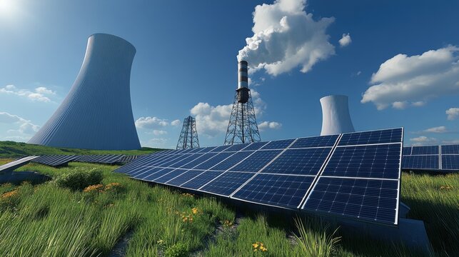 Solar panels arrayed in perfect rows in front of a hybrid solar and fossil-fuel power plant