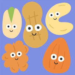 Nuts. Cute characters. Funny food design. Hand drawn illustration on purple background.