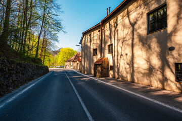Medieval monastery Cerveny Klastor near Peak Tri Koruny or Trzy Korony in Pieniny National park in Slovakia and Poland.