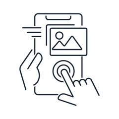 Exchange, share, transfer photos. Send photo. Vector linear icon illustration isolated on white background.