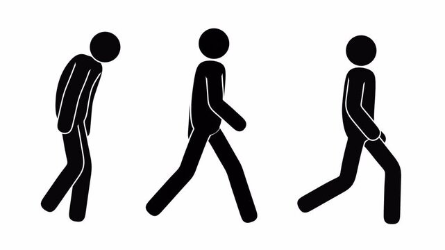 Mood Evolution Walk Cycle. Stick figure walking with three distinct moods: sad, neutral, and happy. Pictogram man walk animation with alpha channel.