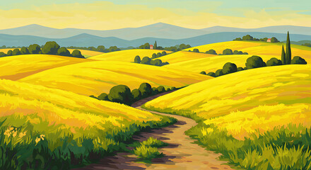 Countryside View with Winding Path through Yellow Fields - Artistic Rendering