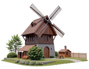Traditional Wooden Windmill 3D Rendering