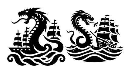 Sea Serpent Attacking Ship Vector Icon Logo