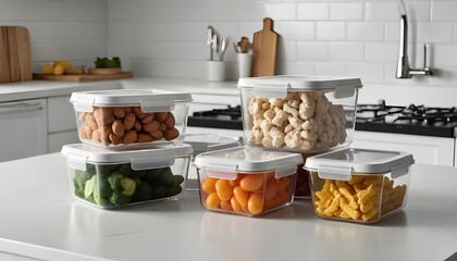 Organized Kitchen with Containers Filled with Nuts and Fresh Vegetables
