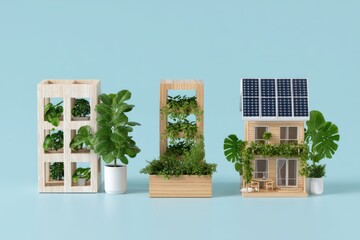Miniature of green city concept with eco-friendly houses and solar panels