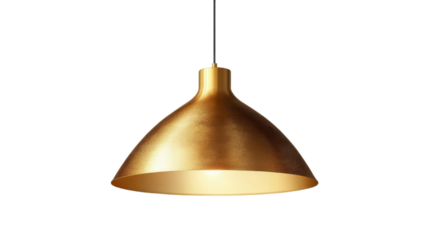 Title: Golden Conical Pendant Light Fixture with Text on White Background