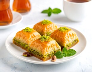 Four baklava squares on a plate