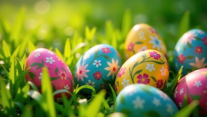 Decorated Eggs Nestled in Verdant Spring Grass, bathed in Sunlight's Gentle Embrace