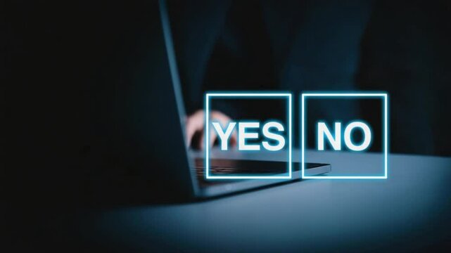 Man in formal wear touches screen to pick between check mark and x, showing real time decision making, yes no, decision problem in modern business