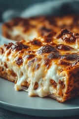 Fresh cheese pizza slice with melting cheese, close-up. Delicious fresh pizza with strands of melted cheese.	
