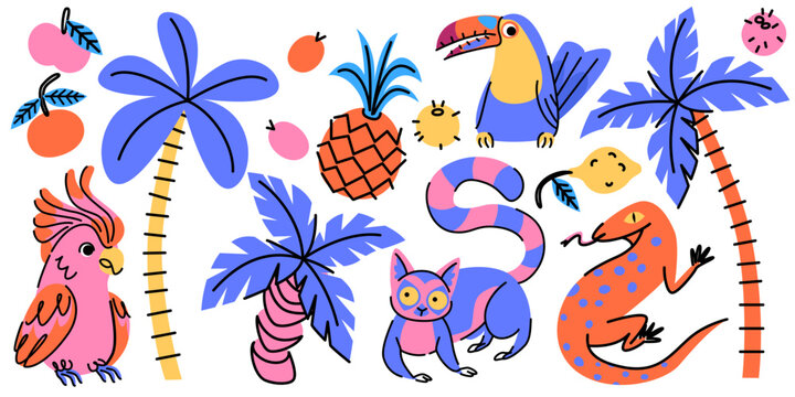 Retro tropical sticker set with animal characters - parrot and toucan, lemur and lizard, palm trees and fruits. Vibrant funky doodles in in bright colors. Exotic wildlife vector for summer design.