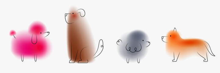 Dog cartoon character. Creative art composition with blurred gradient and simple line elements. Set of bright modern design animal in minimalistic style. Vivid vector illustration.