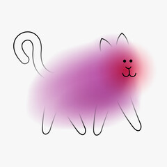 Friendly walking cat character. Creative art composition with blurred gradient and simple line elements. Set of bright modern design cartoon animal in minimalistic style. Vivid vector illustration.