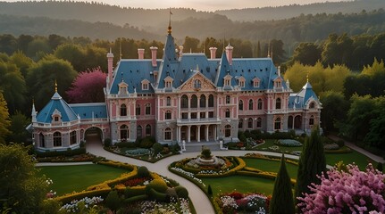 Victorian-style royal palace that looks like it was from a fairy tale. Spectacular fantasy luxury and majestic palace with beautiful garden of blossoms plants and flower.. generative.ai