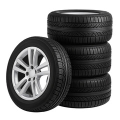 Obraz premium New stack of black automobile tires isolated on white with a rim