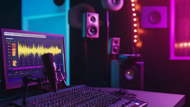 A recording studio with a computer monitor and a microphone. The computer monitor is displaying a graph of a sound wave. The studio is equipped with a microphone, a keyboard, and a mixer