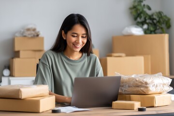 Woman working on laptop surrounded by packages for shipping