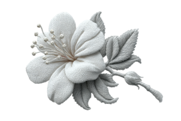 PNG Intricate embroidered white flower with detailed leaves on black background